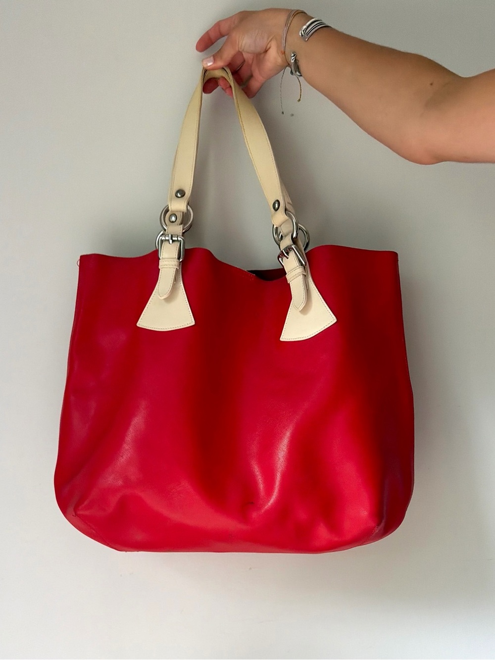 Pulicati Red Tote with Cream Handles